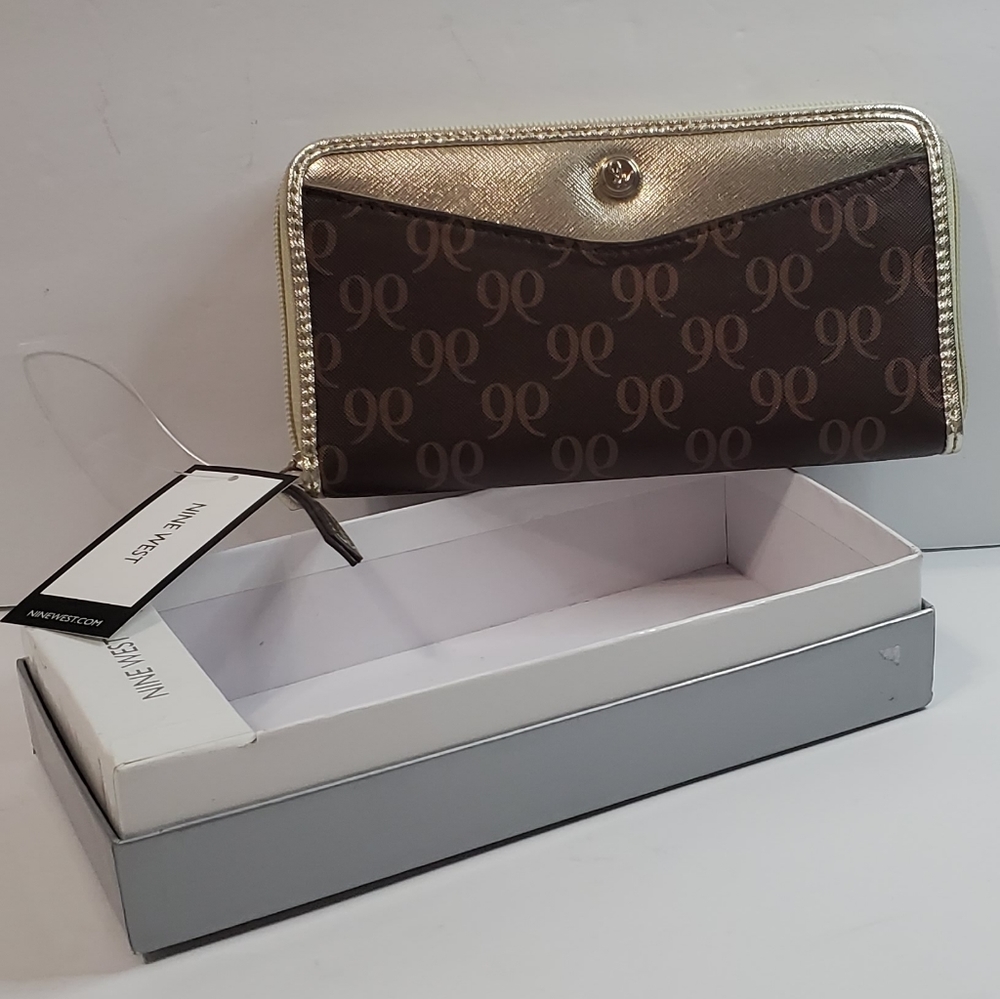 Nine West Brown/Gold Signature Zipper Wallet